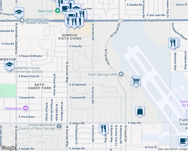 map of restaurants, bars, coffee shops, grocery stores, and more near 1020 North Cerritos Drive in Palm Springs