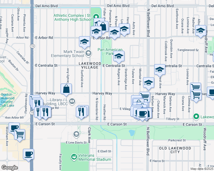 map of restaurants, bars, coffee shops, grocery stores, and more near 4335 Charlemagne Avenue in Long Beach