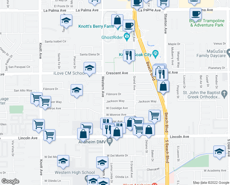 map of restaurants, bars, coffee shops, grocery stores, and more near 7595 Fillmore Drive in Buena Park