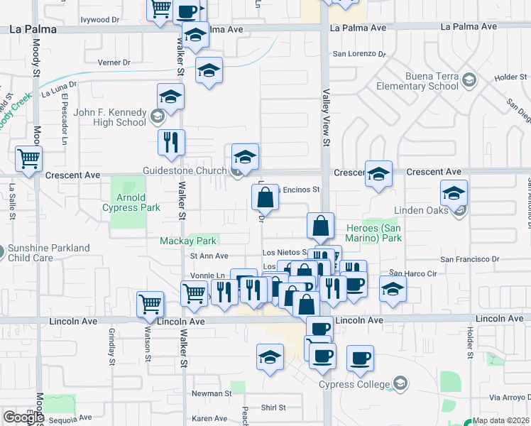 map of restaurants, bars, coffee shops, grocery stores, and more near 8644 Los Altos Drive in Buena Park