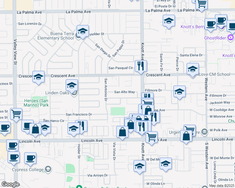 map of restaurants, bars, coffee shops, grocery stores, and more near 6832 San Alto Way in Buena Park