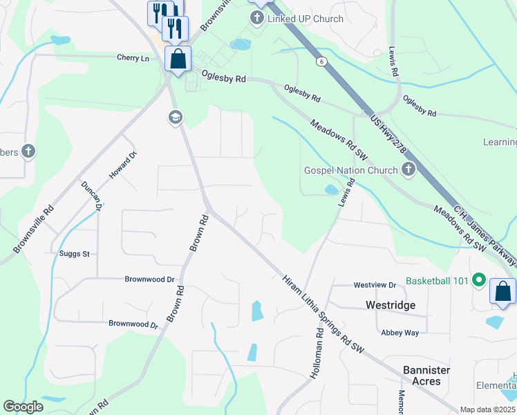 map of restaurants, bars, coffee shops, grocery stores, and more near 4888 Charlene Way in Powder Springs