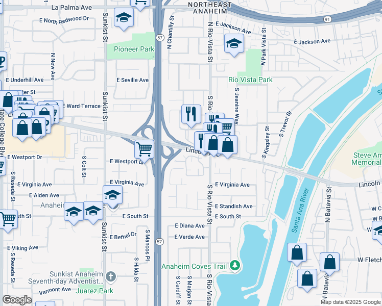 map of restaurants, bars, coffee shops, grocery stores, and more near 408 South Chatham Circle in Anaheim