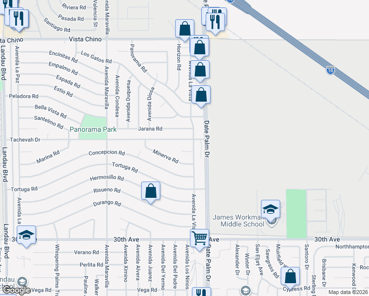 map of restaurants, bars, coffee shops, grocery stores, and more near 68890 Lozano Court in Cathedral City