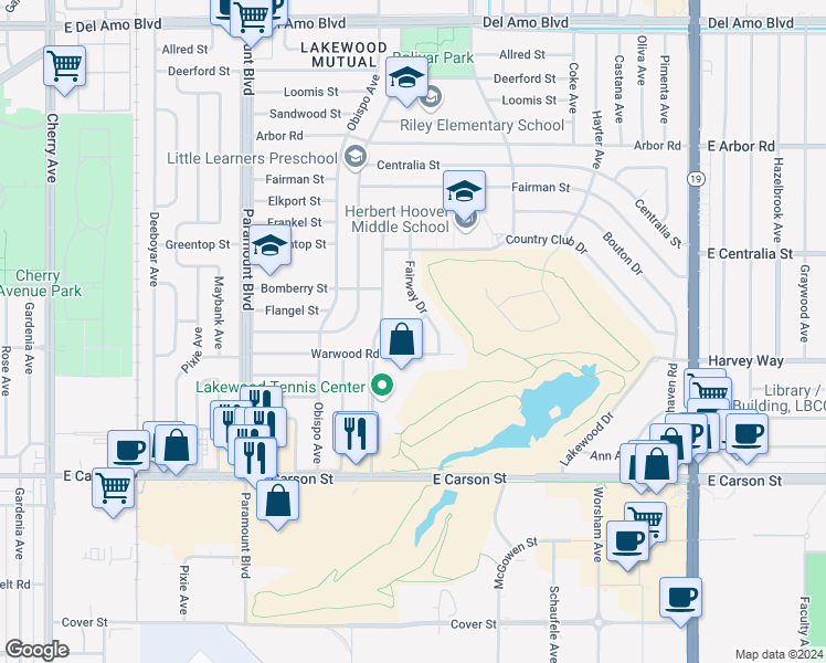 map of restaurants, bars, coffee shops, grocery stores, and more near 3332 Harvey Way in Lakewood