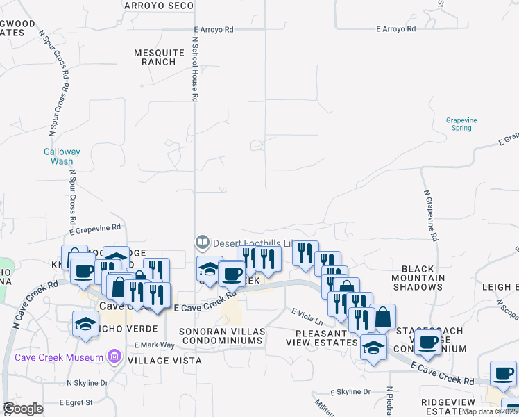 map of restaurants, bars, coffee shops, grocery stores, and more near 39051 North Ridgeway Drive in Cave Creek