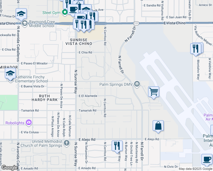 map of restaurants, bars, coffee shops, grocery stores, and more near 945 North Cll Loro in Palm Springs