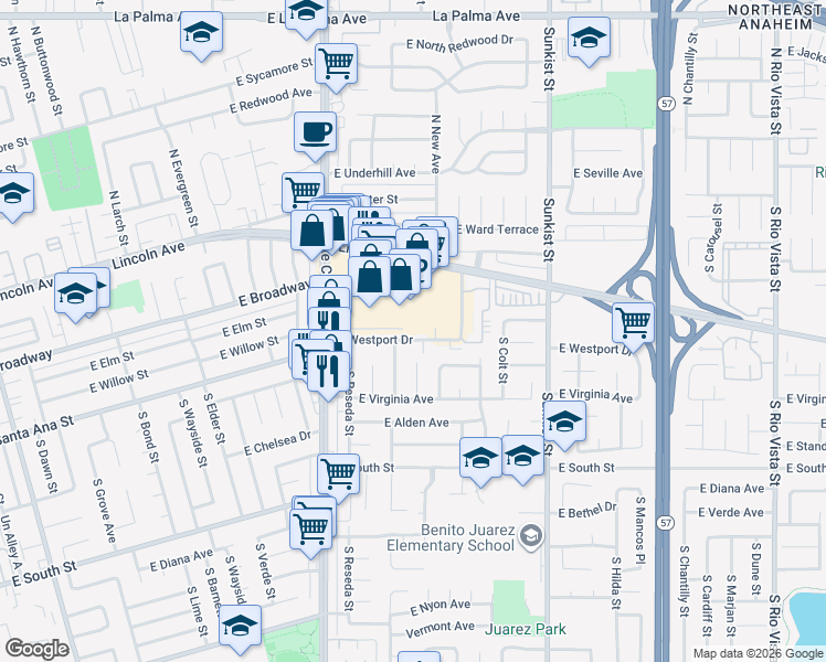map of restaurants, bars, coffee shops, grocery stores, and more near 2139 East Westport Drive in Anaheim