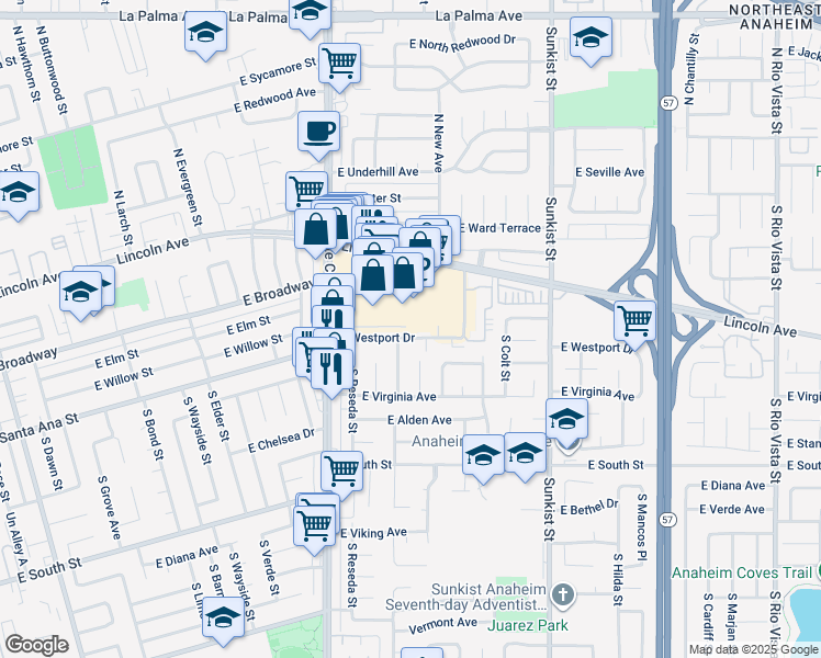 map of restaurants, bars, coffee shops, grocery stores, and more near 2139 East Westport Drive in Anaheim