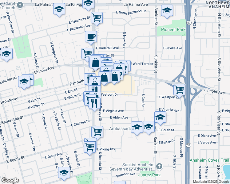 map of restaurants, bars, coffee shops, grocery stores, and more near 2139 East Westport Drive in Anaheim