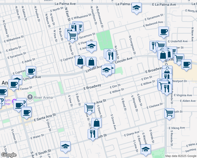 map of restaurants, bars, coffee shops, grocery stores, and more near 1239-1249 East Broadway in Anaheim