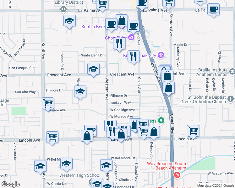 map of restaurants, bars, coffee shops, grocery stores, and more near 7595 Fillmore Drive in Buena Park