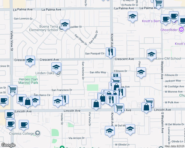 map of restaurants, bars, coffee shops, grocery stores, and more near 6832 San Alto Way in Buena Park