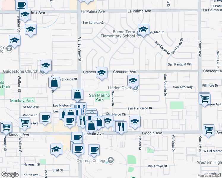 map of restaurants, bars, coffee shops, grocery stores, and more near 8645 San Rio Drive in Buena Park