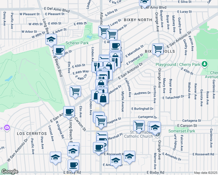 map of restaurants, bars, coffee shops, grocery stores, and more near 725 East Claiborne Drive in Long Beach