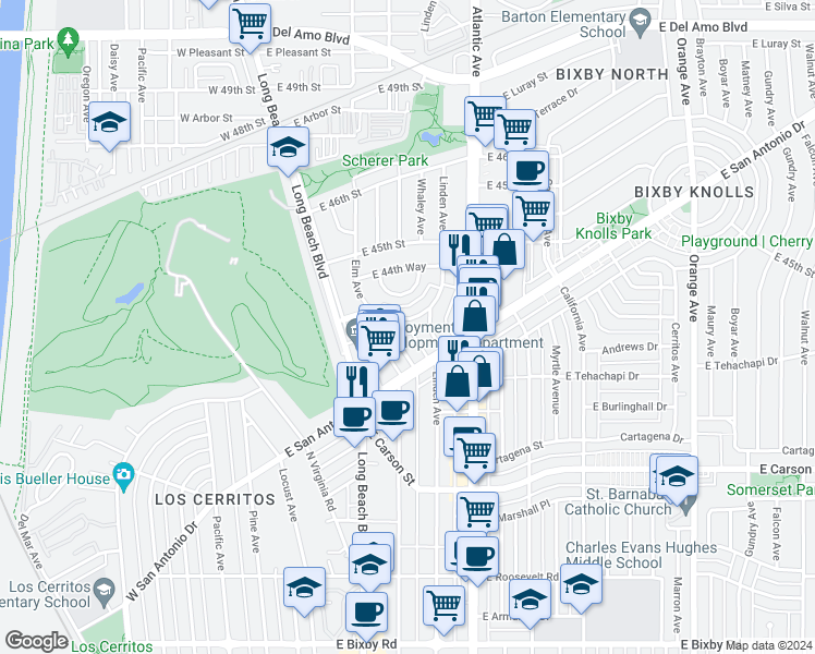 map of restaurants, bars, coffee shops, grocery stores, and more near 404 East Freeland Street in Long Beach