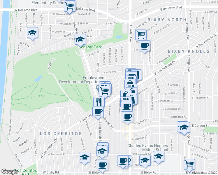 map of restaurants, bars, coffee shops, grocery stores, and more near 404 East Freeland Street in Long Beach