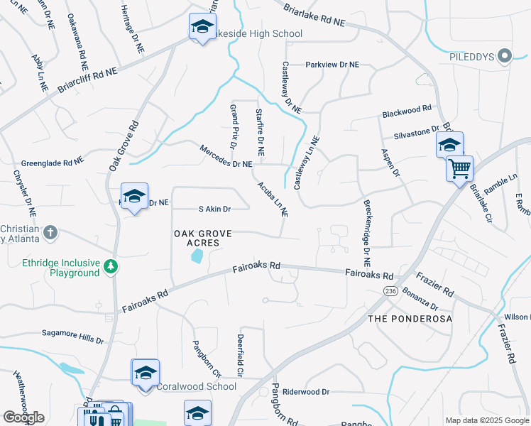 map of restaurants, bars, coffee shops, grocery stores, and more near 2032 South Akin Drive in Atlanta