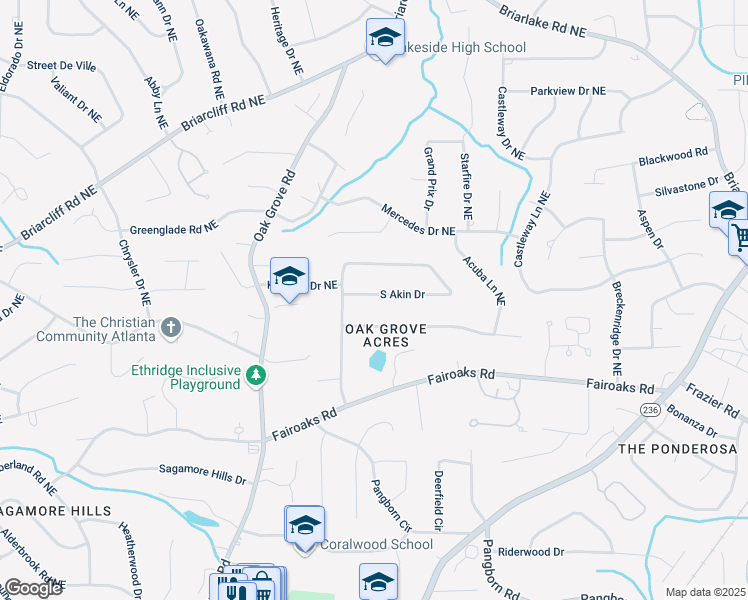 map of restaurants, bars, coffee shops, grocery stores, and more near 2124 South Akin Drive in Atlanta