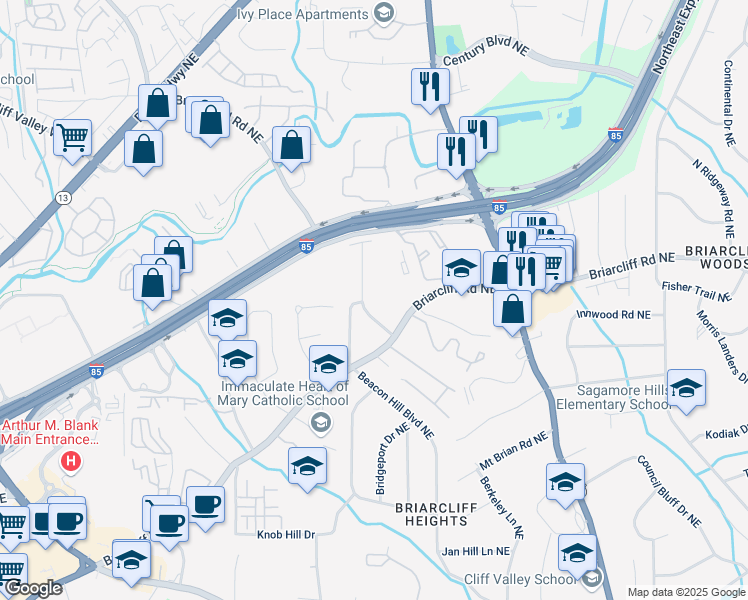 map of restaurants, bars, coffee shops, grocery stores, and more near 1863 Bruce Road Northeast in Atlanta