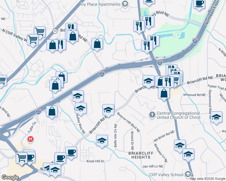 map of restaurants, bars, coffee shops, grocery stores, and more near 1870 Brockton Glen Northeast in Atlanta