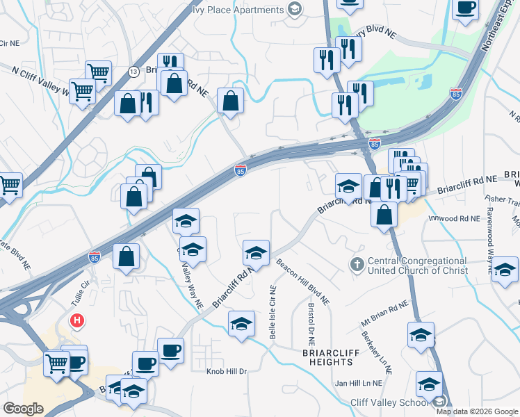 map of restaurants, bars, coffee shops, grocery stores, and more near 1898 Mount Royal Drive Northeast in Atlanta