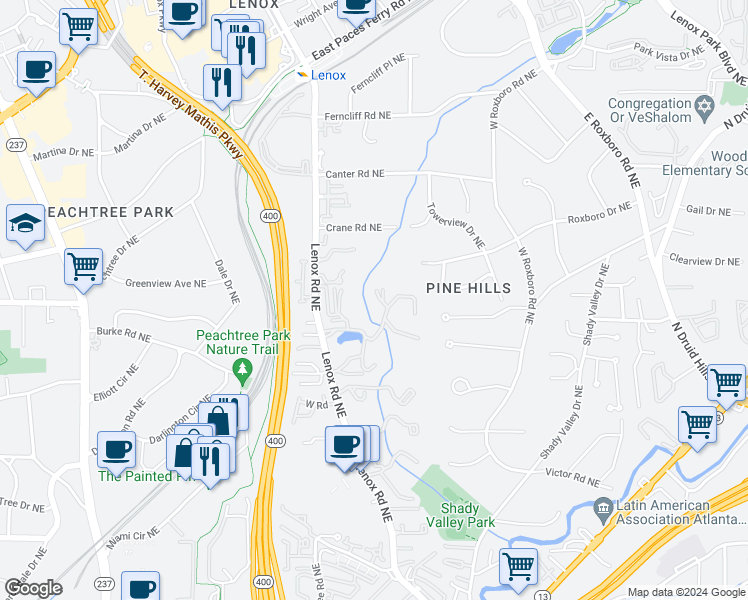 map of restaurants, bars, coffee shops, grocery stores, and more near 25115 Plantation Drive Northeast in Atlanta