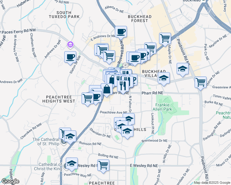 map of restaurants, bars, coffee shops, grocery stores, and more near 236 Pharr Road Northeast in Atlanta