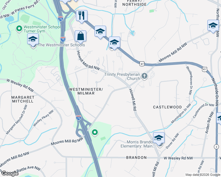 map of restaurants, bars, coffee shops, grocery stores, and more near 2990 Devonshire Place Northwest in Atlanta