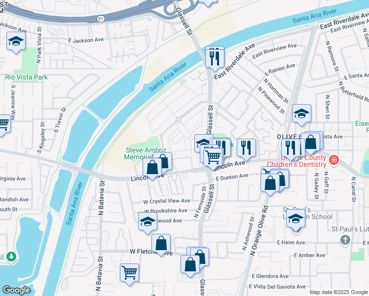 map of restaurants, bars, coffee shops, grocery stores, and more near 411 West Linden Drive in Orange