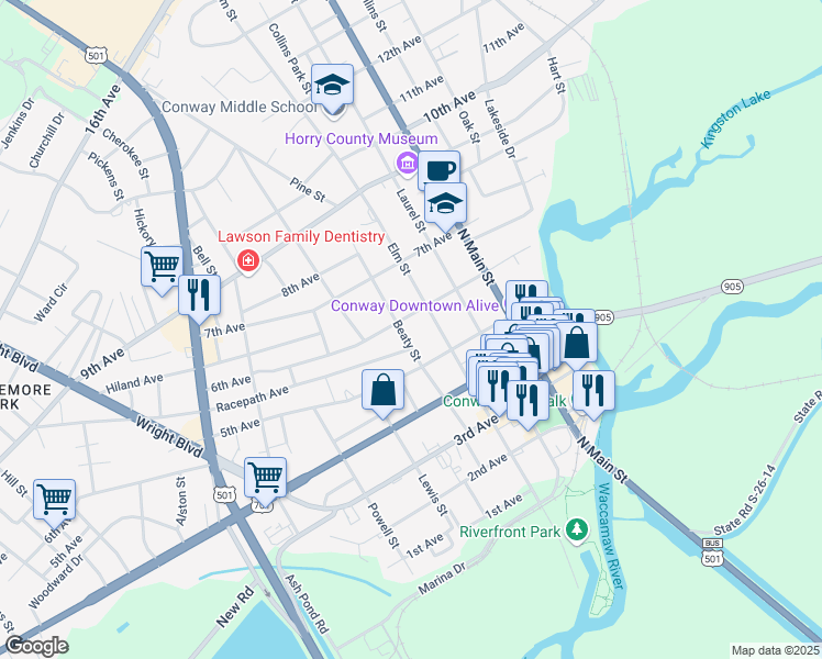 map of restaurants, bars, coffee shops, grocery stores, and more near 506 Beaty St in Conway