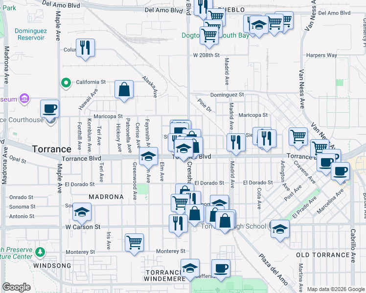 map of restaurants, bars, coffee shops, grocery stores, and more near 2505 West Torrance Boulevard in Torrance