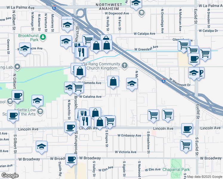 map of restaurants, bars, coffee shops, grocery stores, and more near 2020 West Alameda Avenue in Anaheim