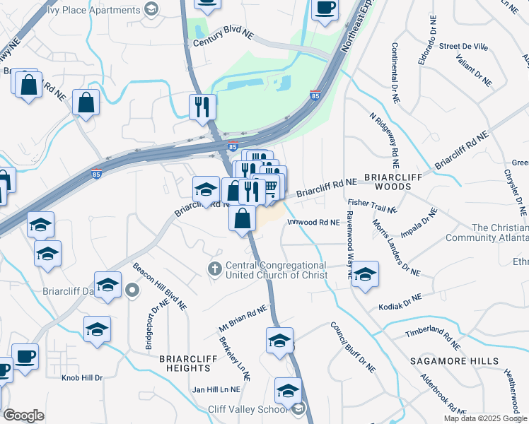map of restaurants, bars, coffee shops, grocery stores, and more near 3109 Briarcliff Road Northeast in Atlanta