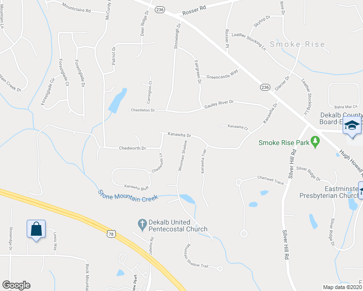 map of restaurants, bars, coffee shops, grocery stores, and more near 1860 Mountain Shadow in Stone Mountain