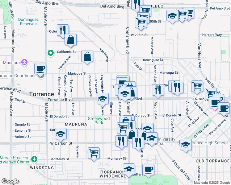 map of restaurants, bars, coffee shops, grocery stores, and more near 1103 Eriel Avenue in Torrance