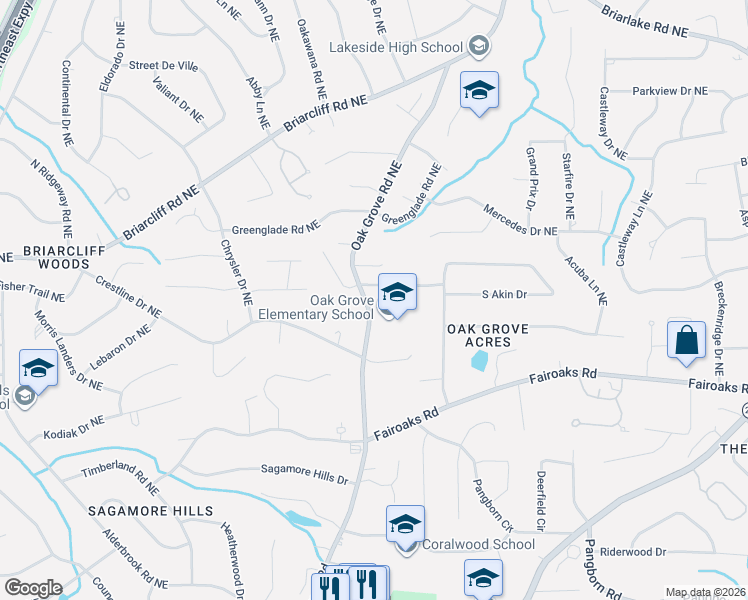 map of restaurants, bars, coffee shops, grocery stores, and more near 1867 Oak Grove Road Northeast in Atlanta