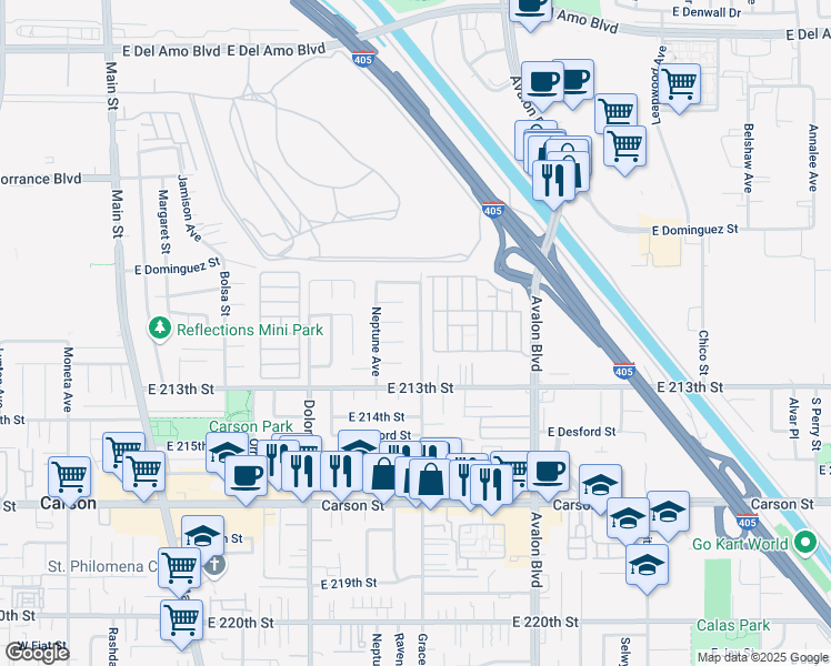 map of restaurants, bars, coffee shops, grocery stores, and more near 21129 Grace Avenue in Carson