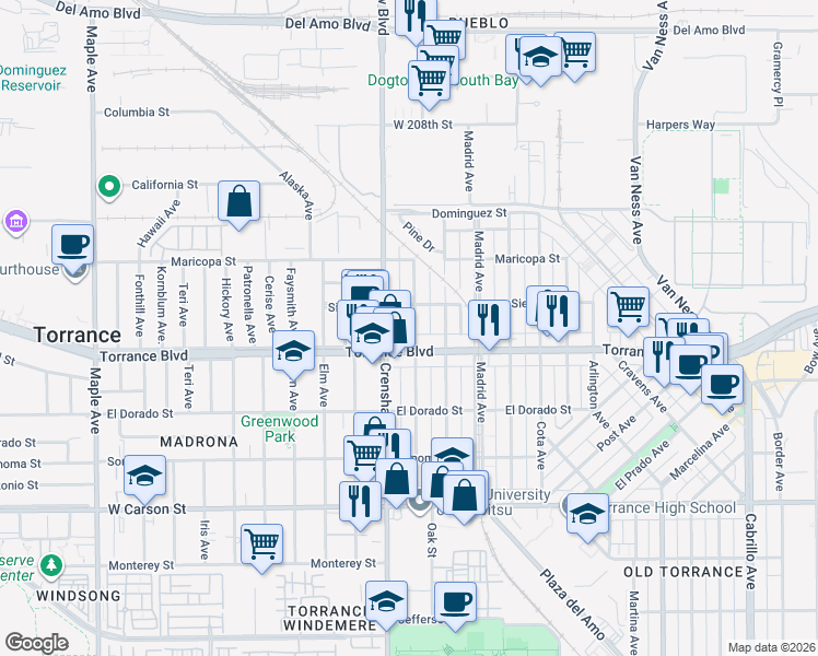 map of restaurants, bars, coffee shops, grocery stores, and more near 1027 Beech Avenue in Torrance