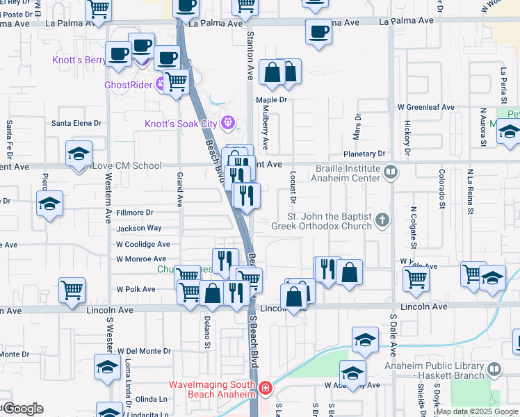 map of restaurants, bars, coffee shops, grocery stores, and more near 8622 Stanton Avenue in Buena Park