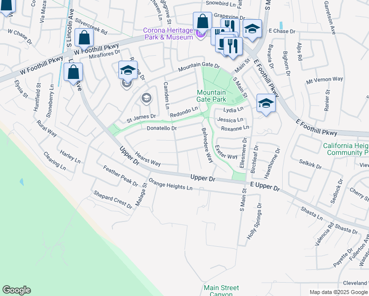 map of restaurants, bars, coffee shops, grocery stores, and more near 589 Raphael Drive in Corona