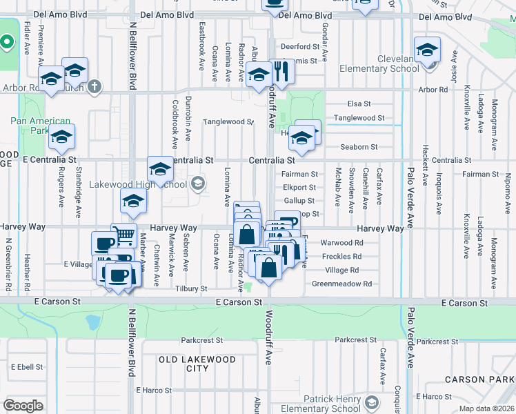 map of restaurants, bars, coffee shops, grocery stores, and more near 4332 Albury Avenue in Lakewood