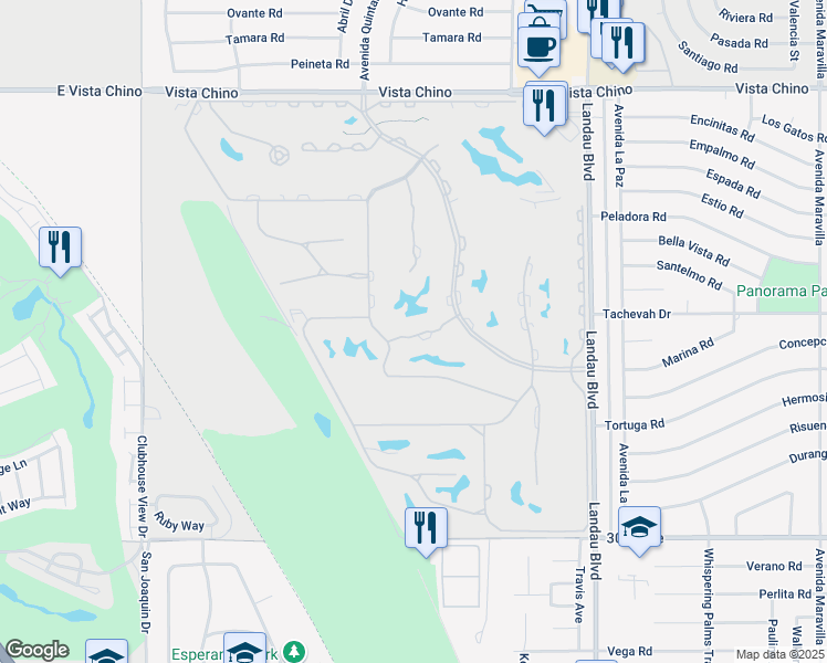 map of restaurants, bars, coffee shops, grocery stores, and more near 67632 Lagos Way in Cathedral City