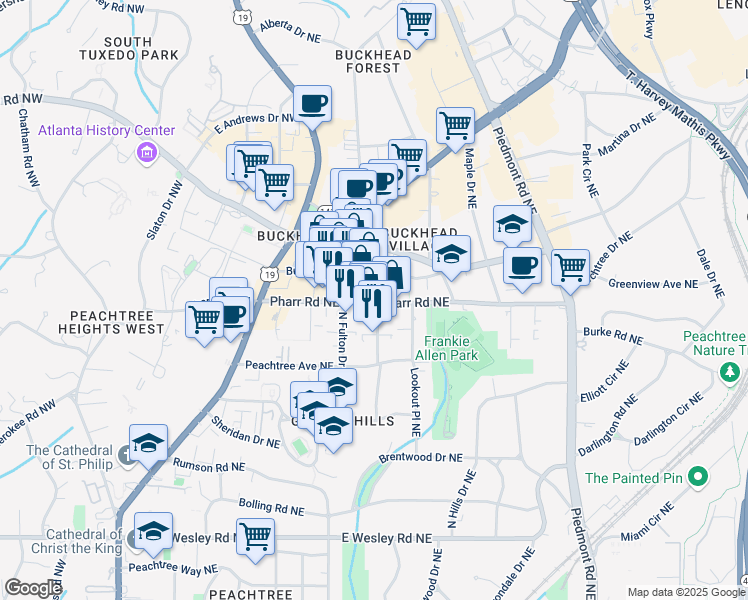 map of restaurants, bars, coffee shops, grocery stores, and more near 344 Pharr Road Northeast in Atlanta