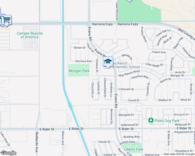 map of restaurants, bars, coffee shops, grocery stores, and more near 866 Sheffield Way in Perris