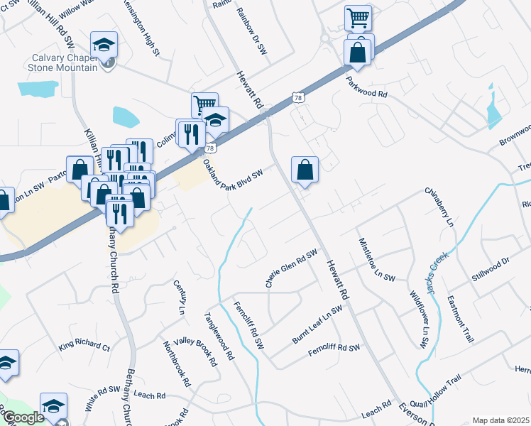 map of restaurants, bars, coffee shops, grocery stores, and more near 3804 Eli Drive Southwest in Snellville