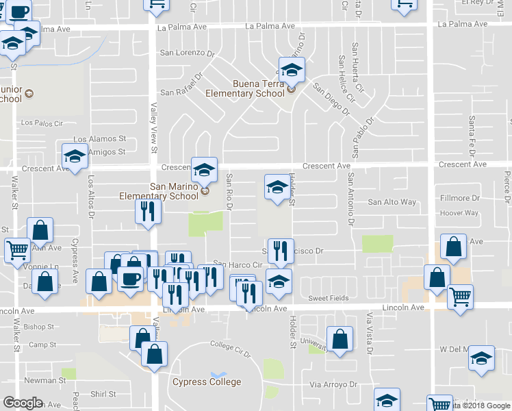 map of restaurants, bars, coffee shops, grocery stores, and more near 6375 San Rolando Circle in Buena Park