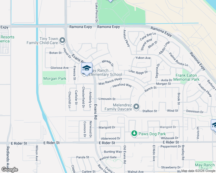 map of restaurants, bars, coffee shops, grocery stores, and more near 3606 Charolais Place in Perris
