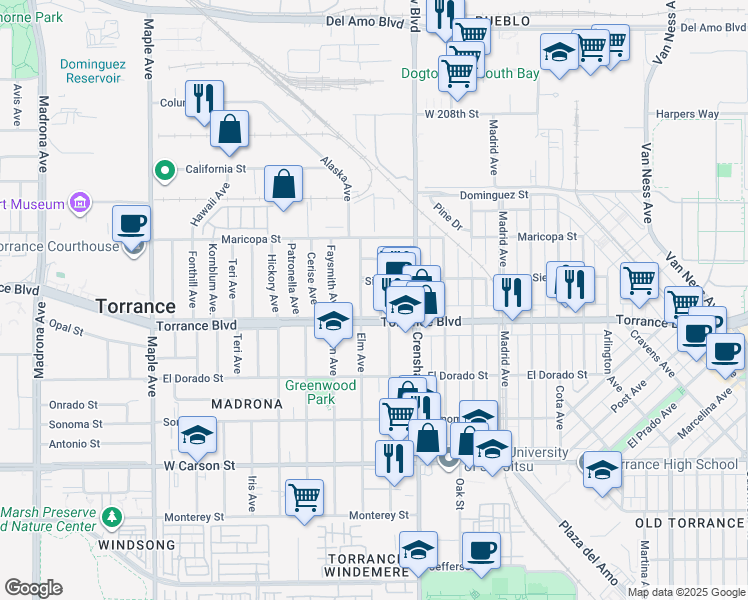 map of restaurants, bars, coffee shops, grocery stores, and more near 1103 Eriel Avenue in Torrance