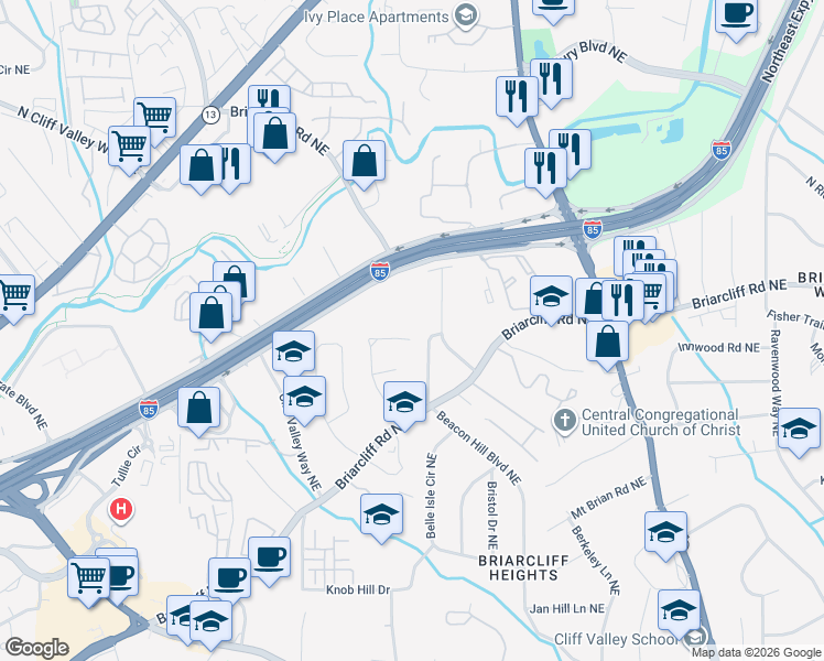 map of restaurants, bars, coffee shops, grocery stores, and more near 1898 Mount Royal Drive Northeast in Atlanta
